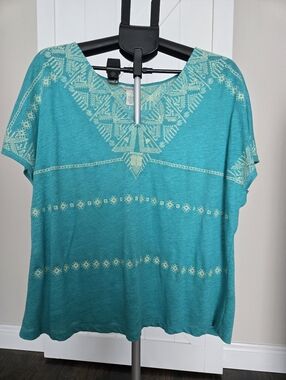 SUNDANCE Women’s Linen Turquoise Embroidered Short Sleeve Top